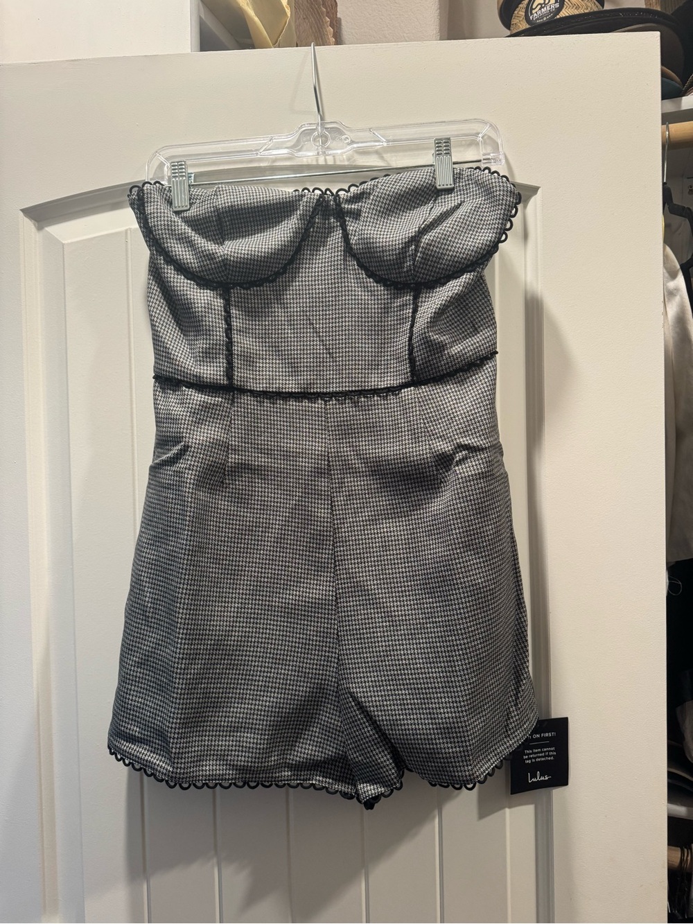 Lulu's Black and White Gingham Strapless Romper